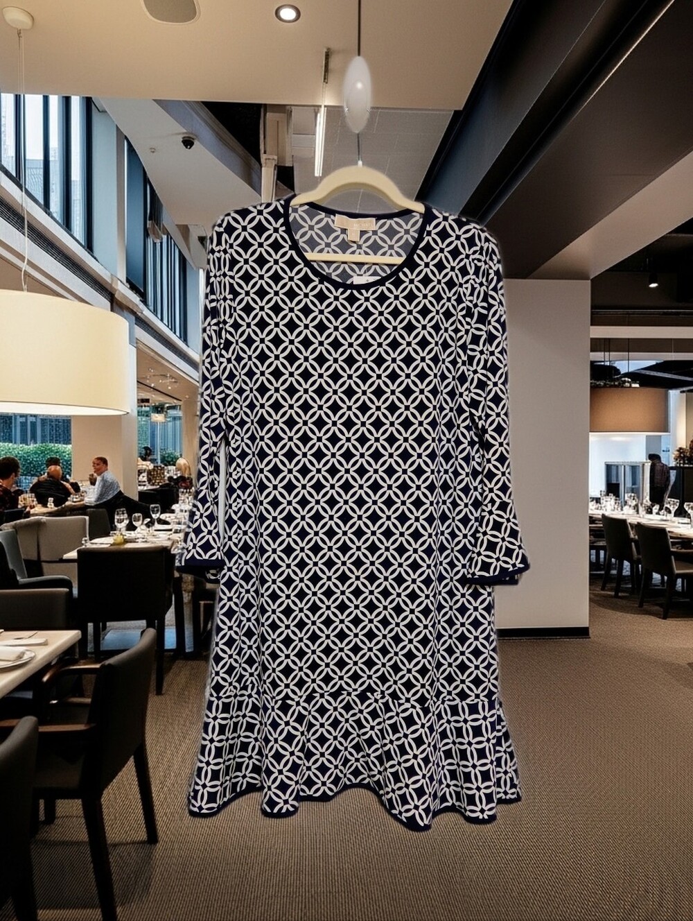 Michael Kors Geometric Dress With Scoop Neckline - Navy And White